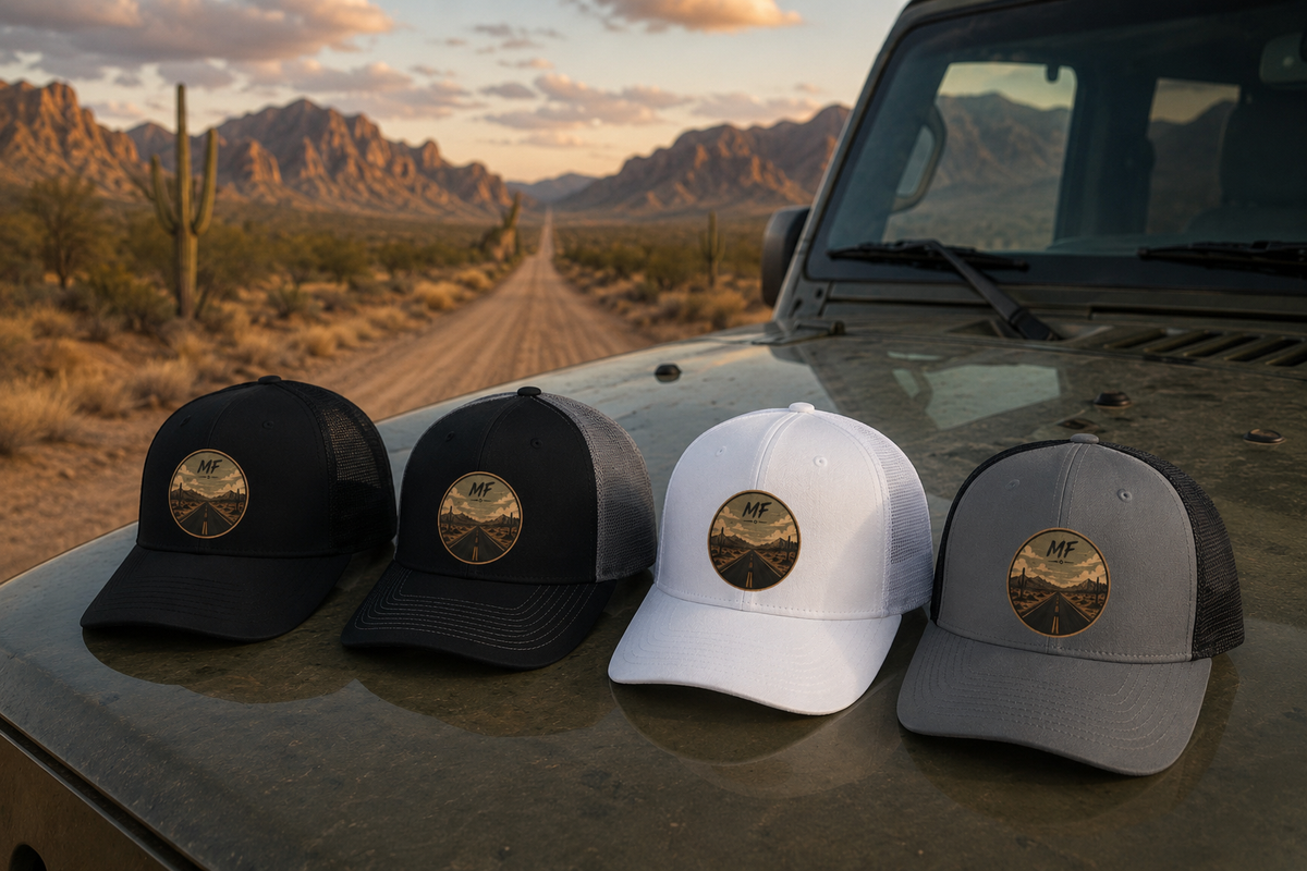 Mountain Road Patch Snapback Hat, Vintage Desert Trucker Cap