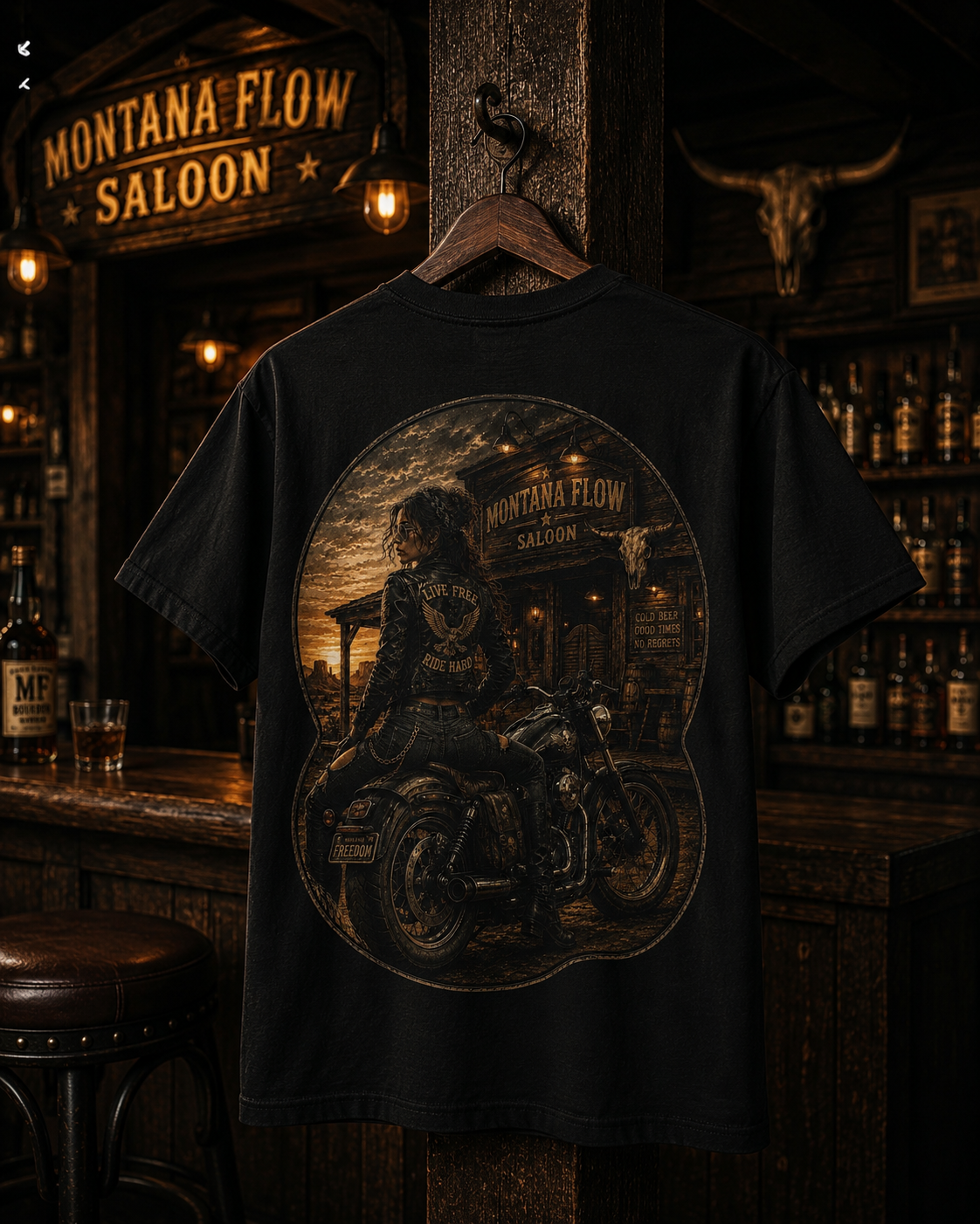 T-shirt vintage pour motarde | Impression au dos Motorcycle Saloon, saloon Montana Flow.