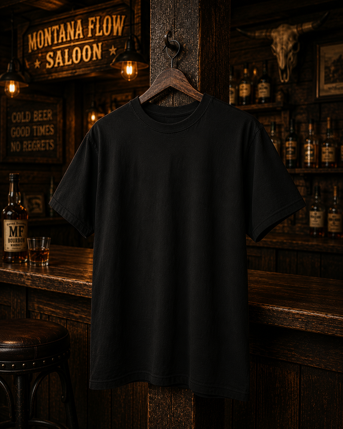 T-shirt vintage pour motarde | Impression au dos Motorcycle Saloon, saloon Montana Flow.