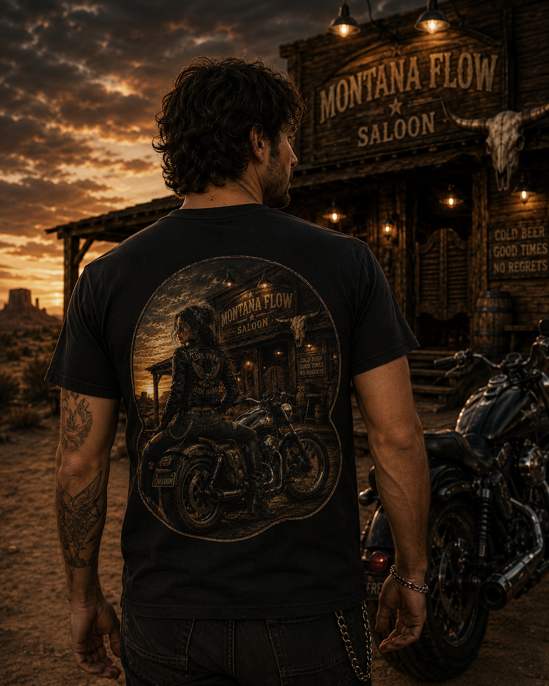 T-shirt vintage pour motarde | Impression au dos Motorcycle Saloon, saloon Montana Flow.