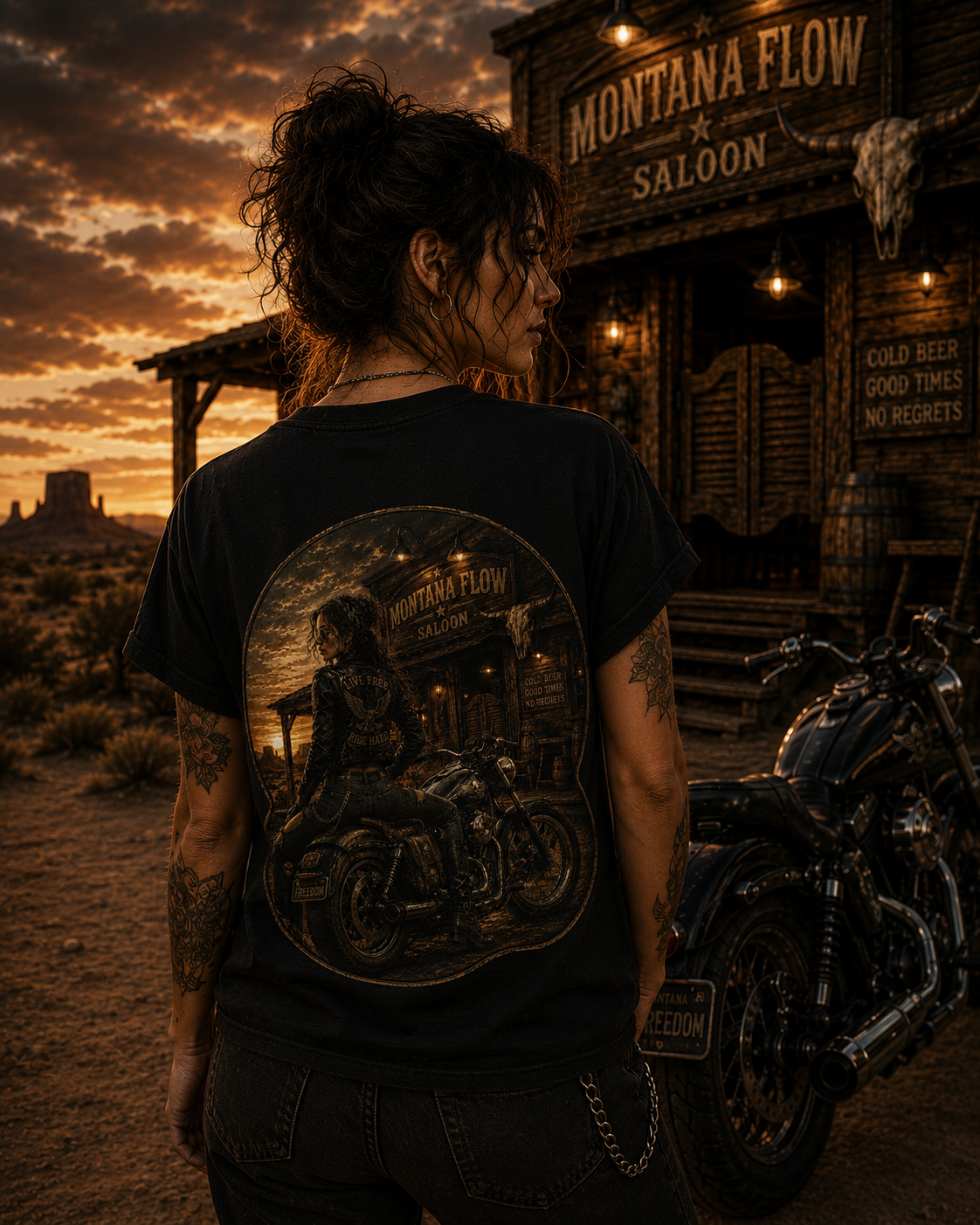 T-shirt vintage pour motarde | Impression au dos Motorcycle Saloon, saloon Montana Flow.