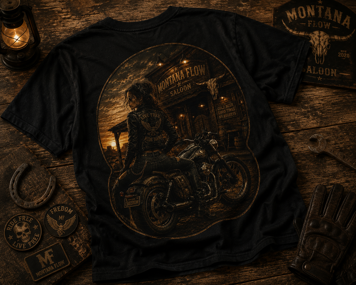 T-shirt vintage pour motarde | Impression au dos Motorcycle Saloon, saloon Montana Flow.