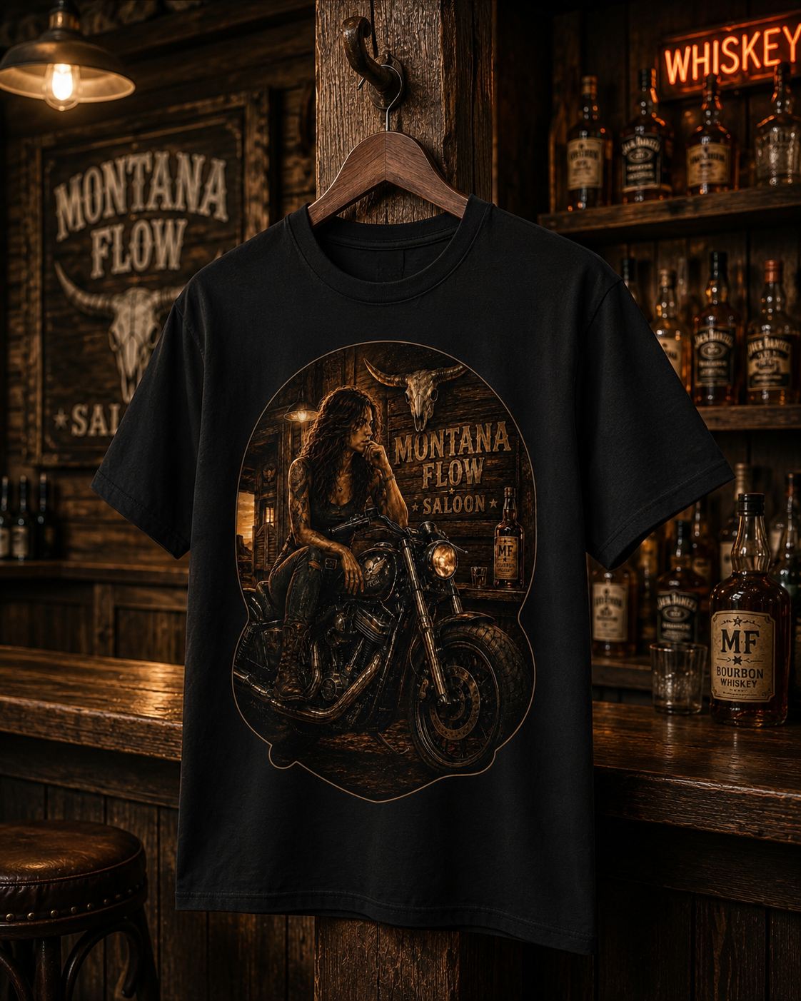 T-shirt vintage fille biker | T-shirt graphique Montana Flow saloon.