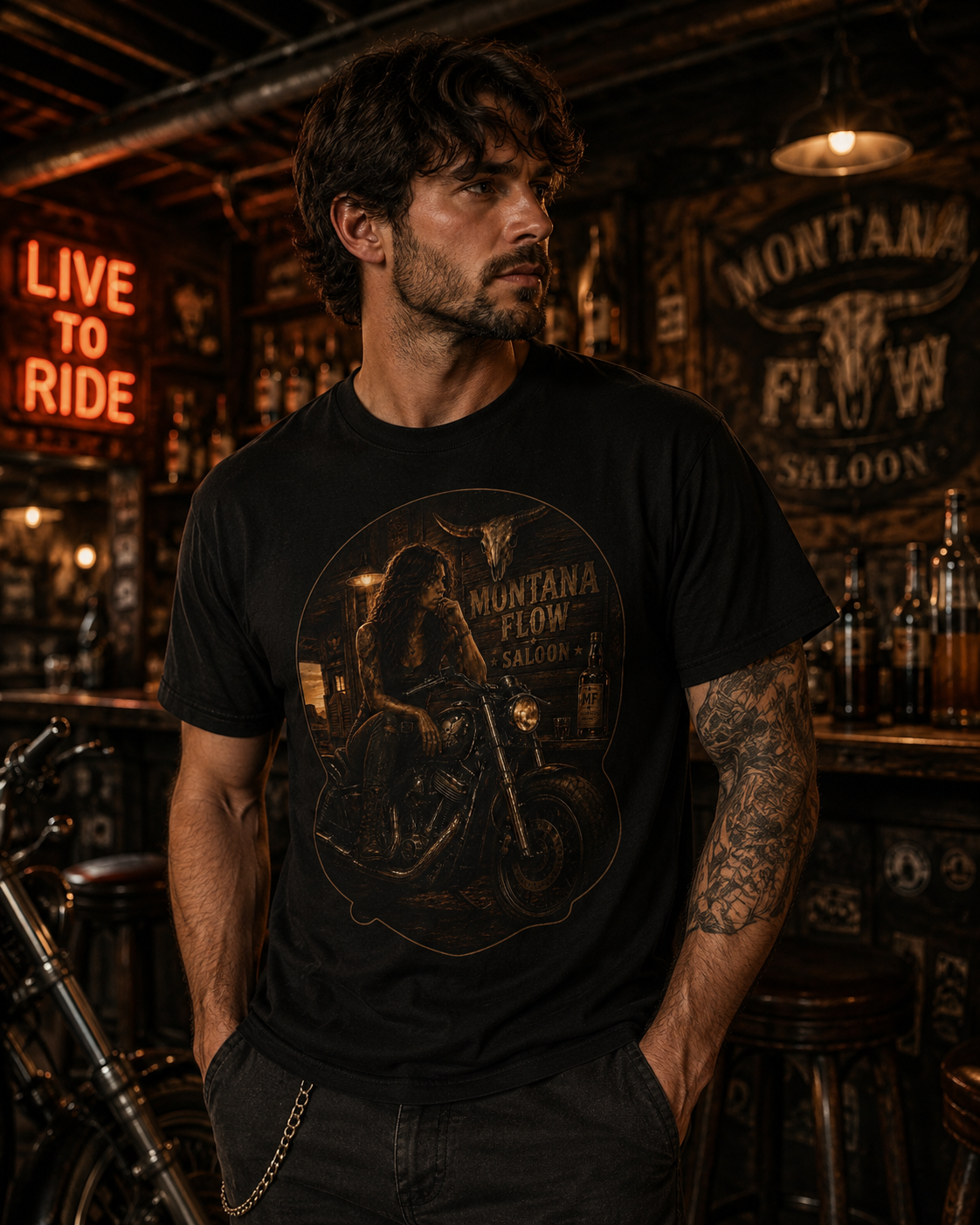 T-shirt vintage fille biker | T-shirt graphique Montana Flow saloon.