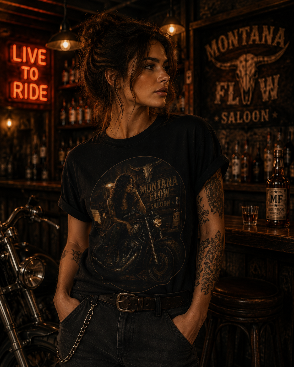 T-shirt vintage fille biker | T-shirt graphique Montana Flow saloon.