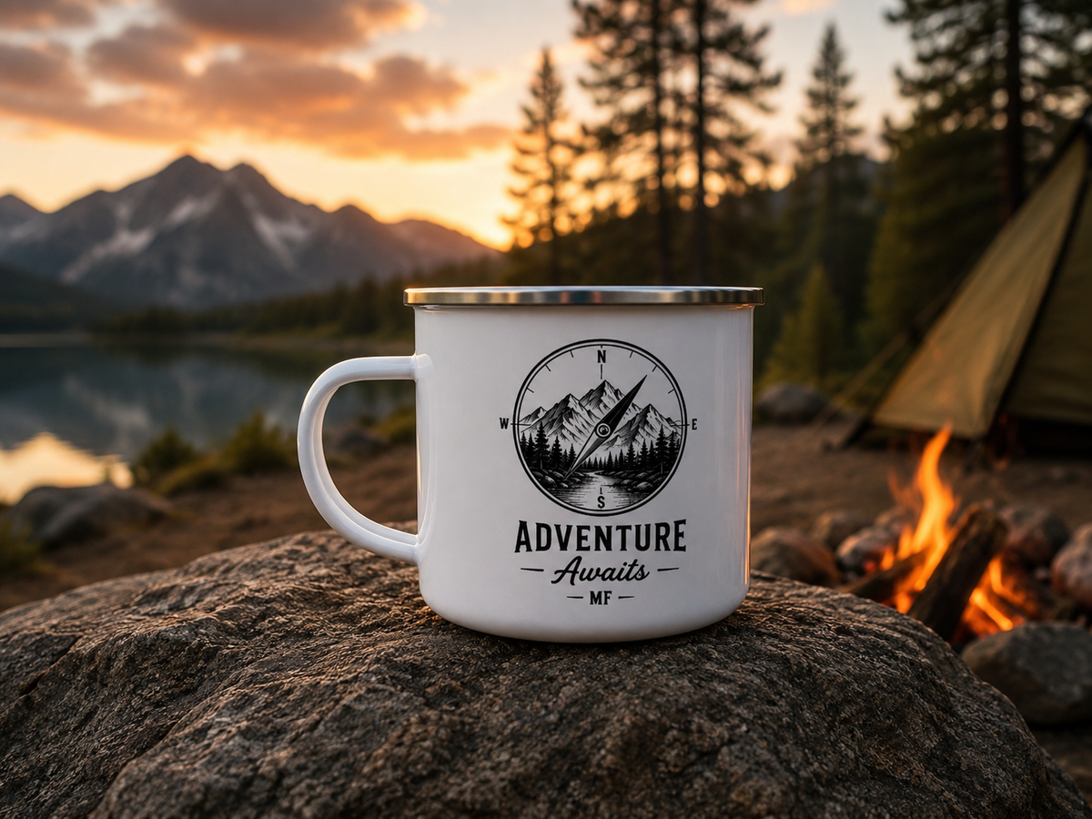 Camping Enamel Mug | Vintage Mountain Compass Camp Cup, Adventure Awaits Outdoor Coffee Mug