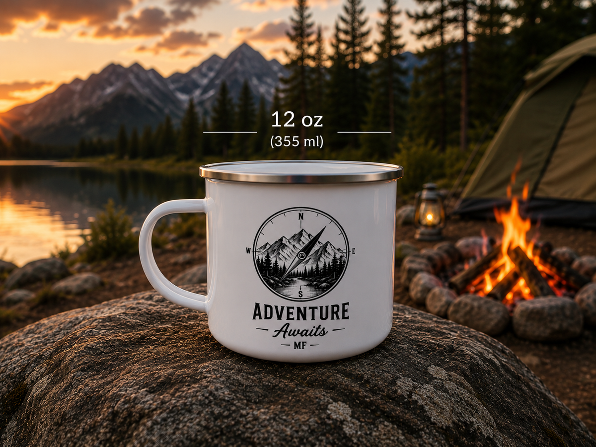Camping Enamel Mug | Vintage Mountain Compass Camp Cup, Adventure Awaits Outdoor Coffee Mug