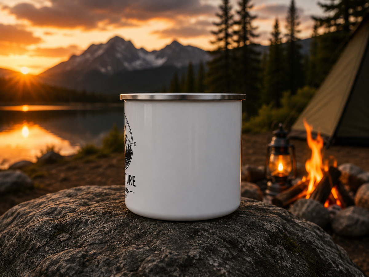Camping Enamel Mug | Vintage Mountain Compass Camp Cup, Adventure Awaits Outdoor Coffee Mug