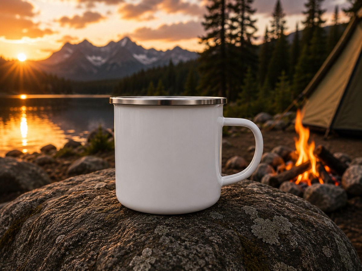 Camping Enamel Mug | Vintage Mountain Compass Camp Cup, Adventure Awaits Outdoor Coffee Mug