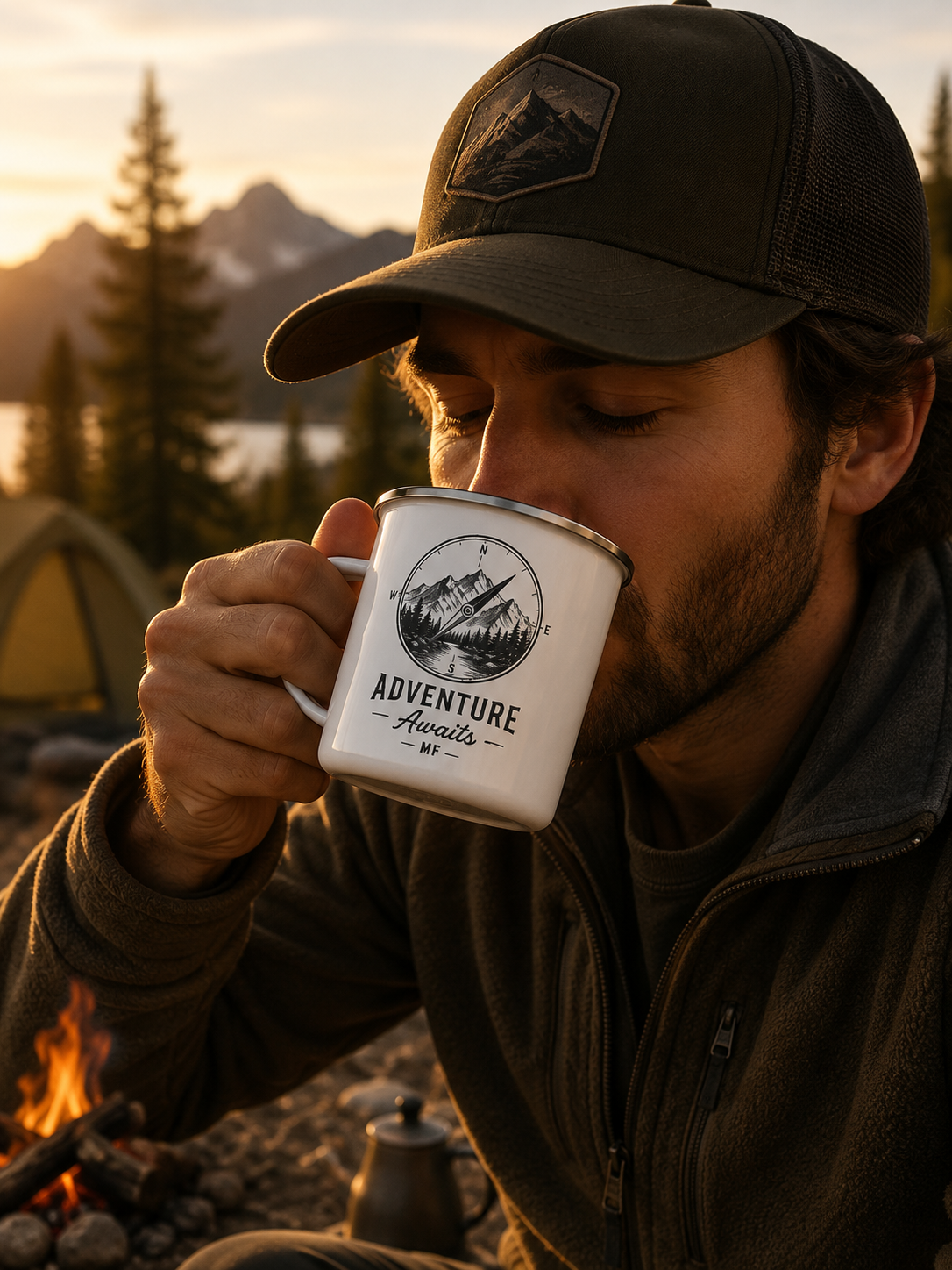 Camping Enamel Mug | Vintage Mountain Compass Camp Cup, Adventure Awaits Outdoor Coffee Mug