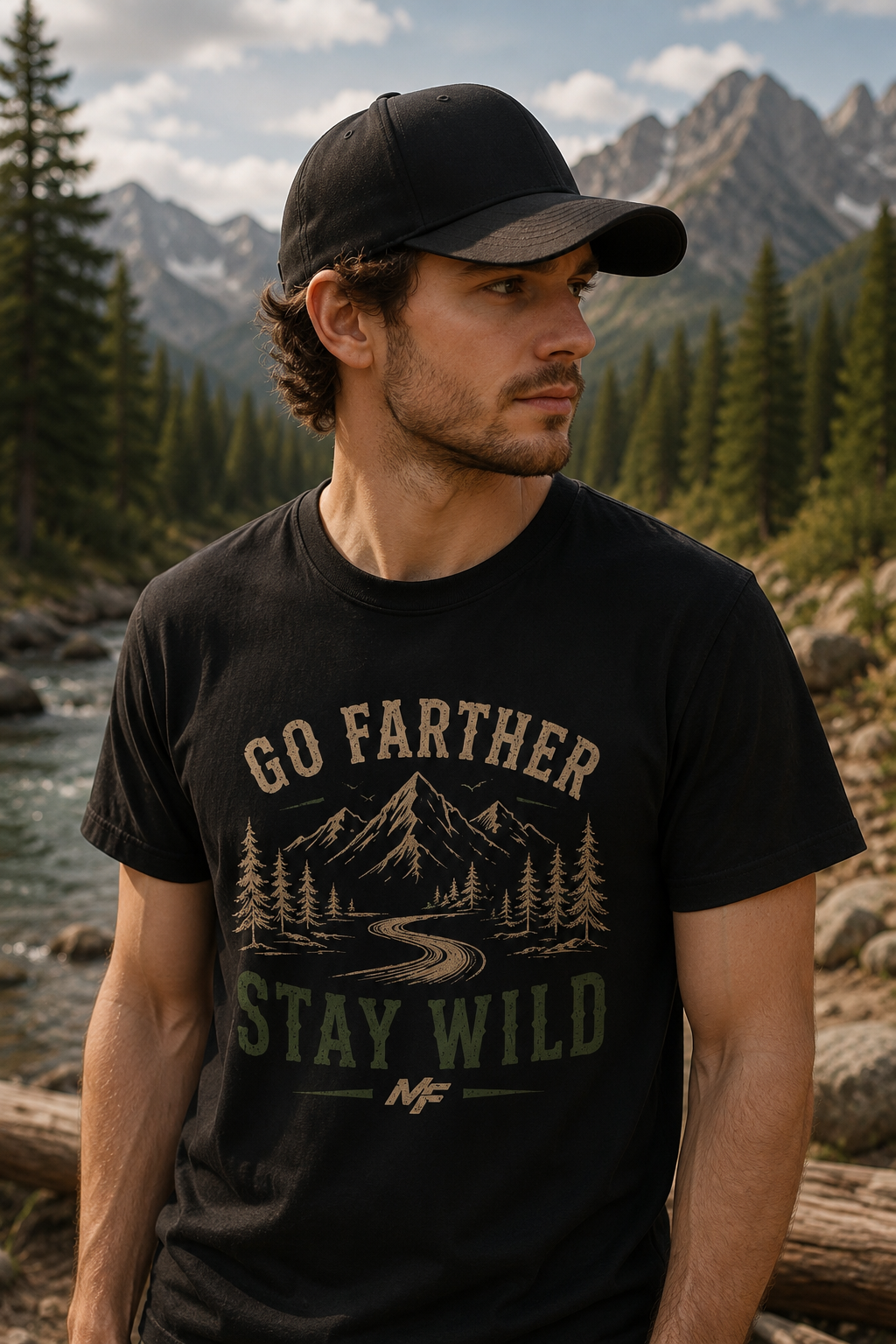 T-shirt Go Farther Stay Wild | Tee-shirt d'aventure en plein air, route de montagne
