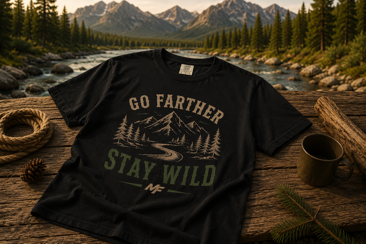 T-shirt Go Farther Stay Wild | Tee-shirt d'aventure en plein air, route de montagne