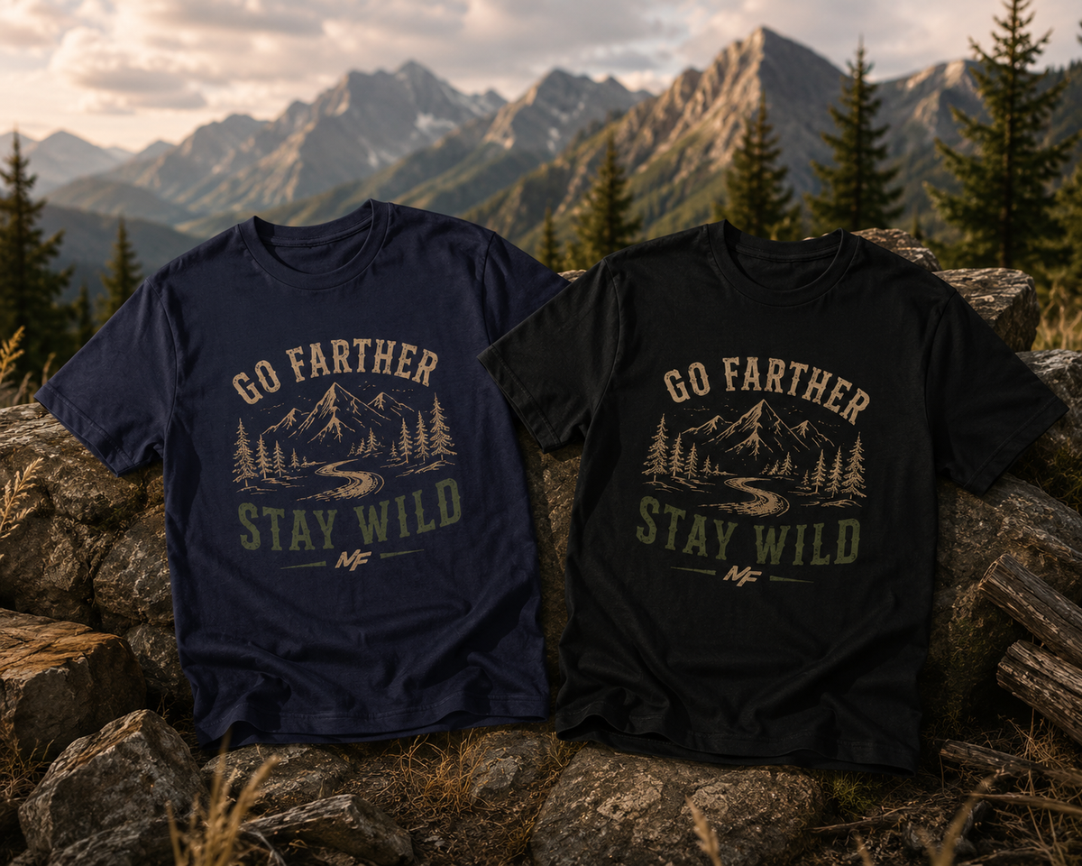 T-shirt Go Farther Stay Wild | Tee-shirt d'aventure en plein air, route de montagne