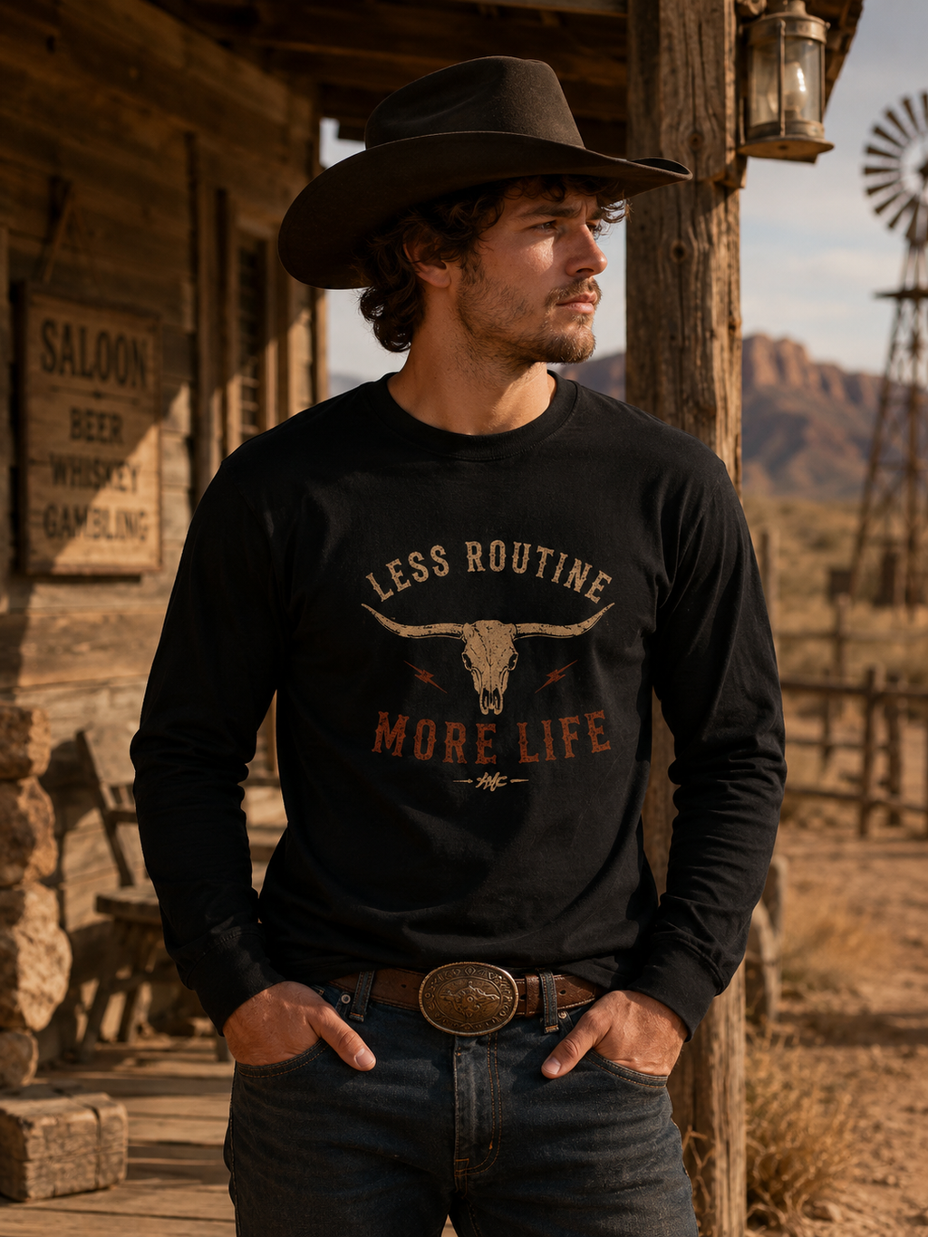 T-shirt à manches longues « Less Routine More Life » | Tee-shirt graphique style western
