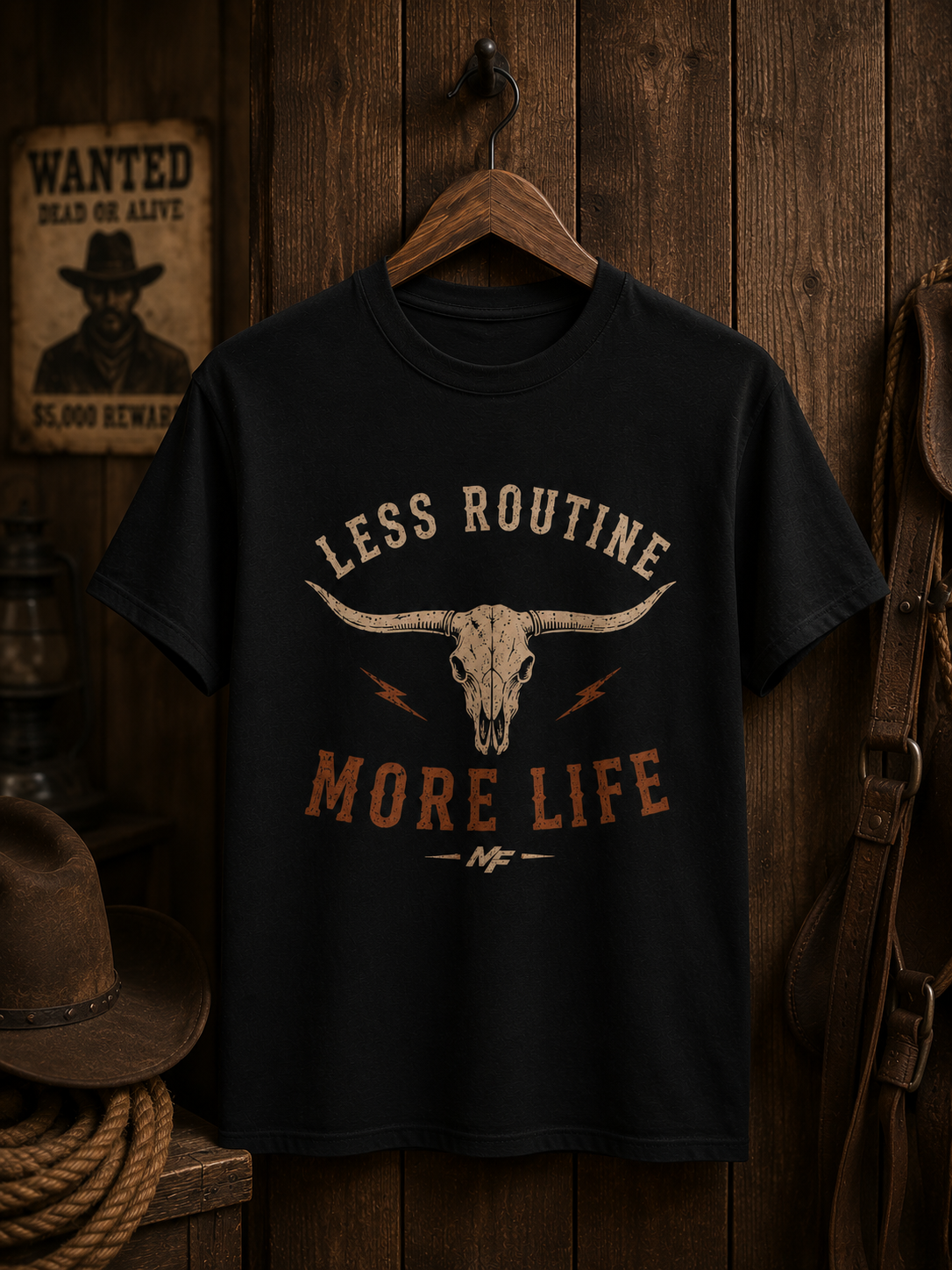 T-shirt Less Routine More Life | T-shirt graphique western avec crâne de longhorn, chemise de cowboy vintage