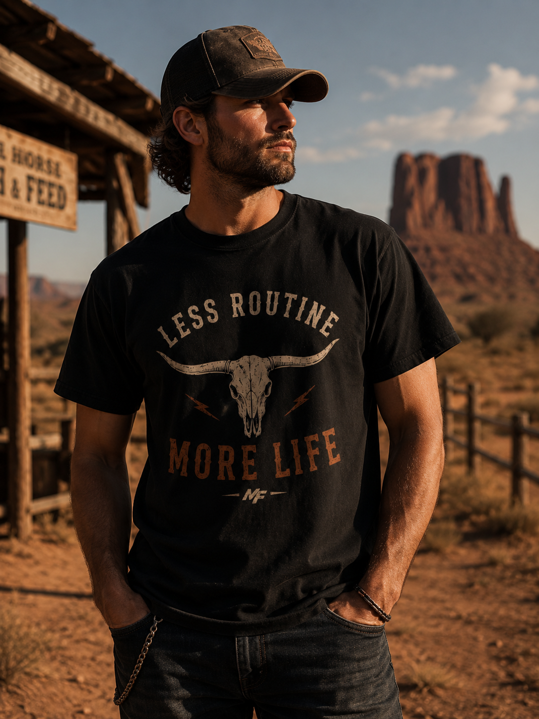 T-shirt Less Routine More Life | T-shirt graphique western avec crâne de longhorn, chemise de cowboy vintage