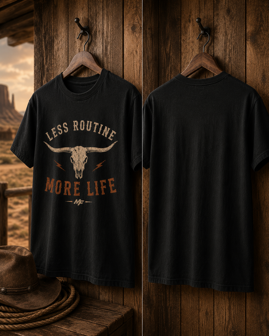 T-shirt Less Routine More Life | T-shirt graphique western avec crâne de longhorn, chemise de cowboy vintage