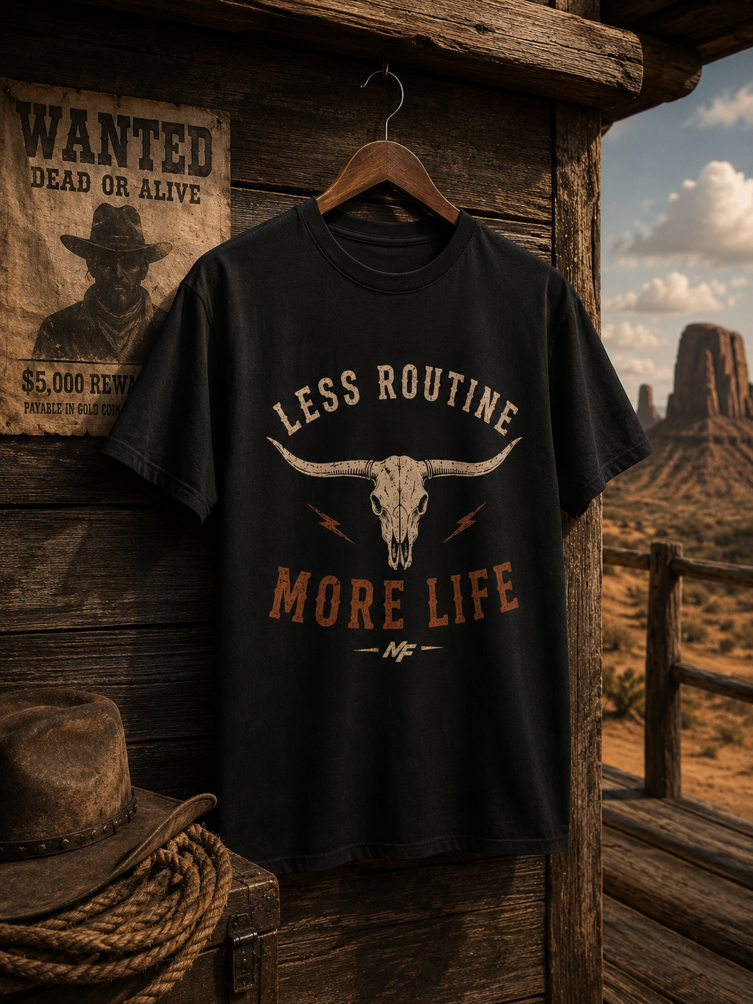 T-shirt Less Routine More Life | T-shirt graphique western avec crâne de longhorn, chemise de cowboy vintage