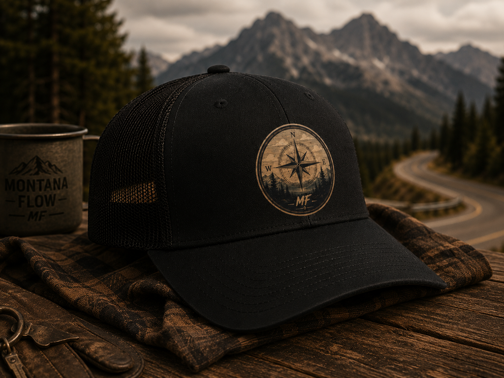 Compass Forest Patch Snapback Cap |  Mountain Outdoor Adventure Trucker Hat