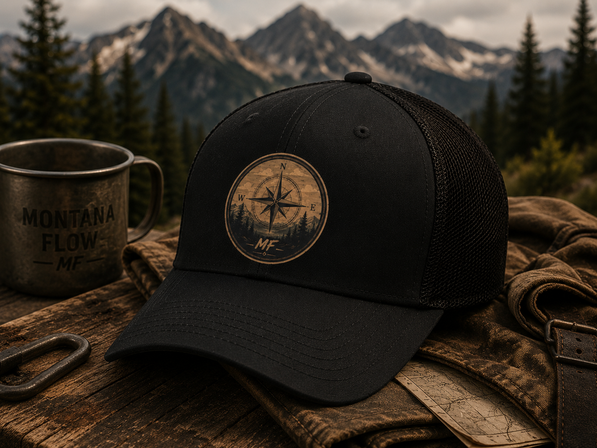Compass Forest Patch Snapback Cap |  Mountain Outdoor Adventure Trucker Hat
