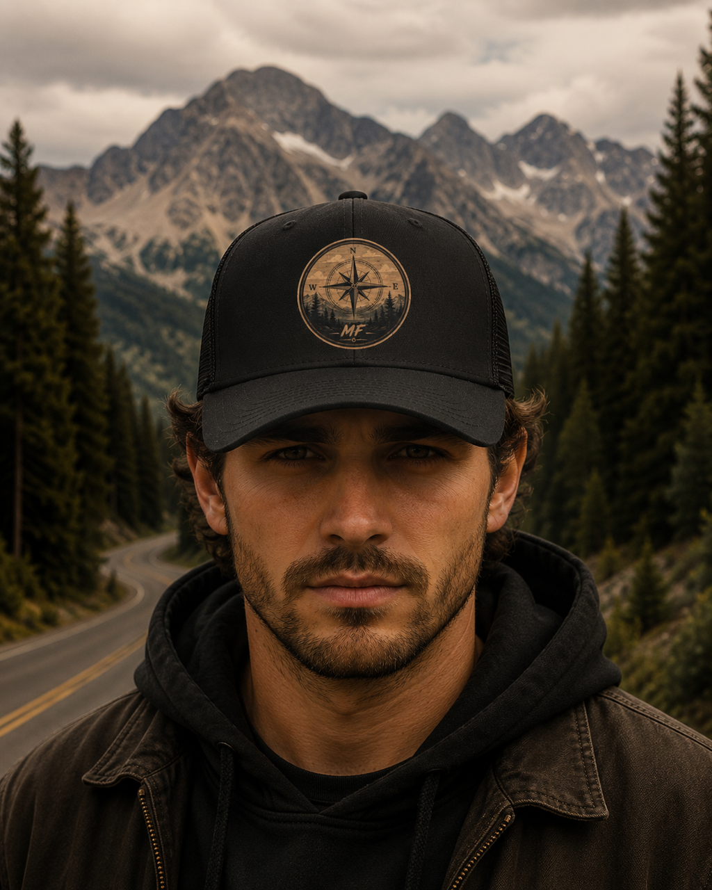 Compass Forest Patch Snapback Cap |  Mountain Outdoor Adventure Trucker Hat