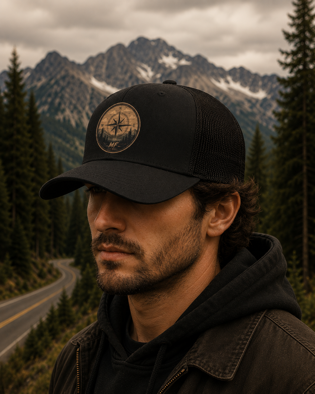 Compass Forest Patch Snapback Cap |  Mountain Outdoor Adventure Trucker Hat