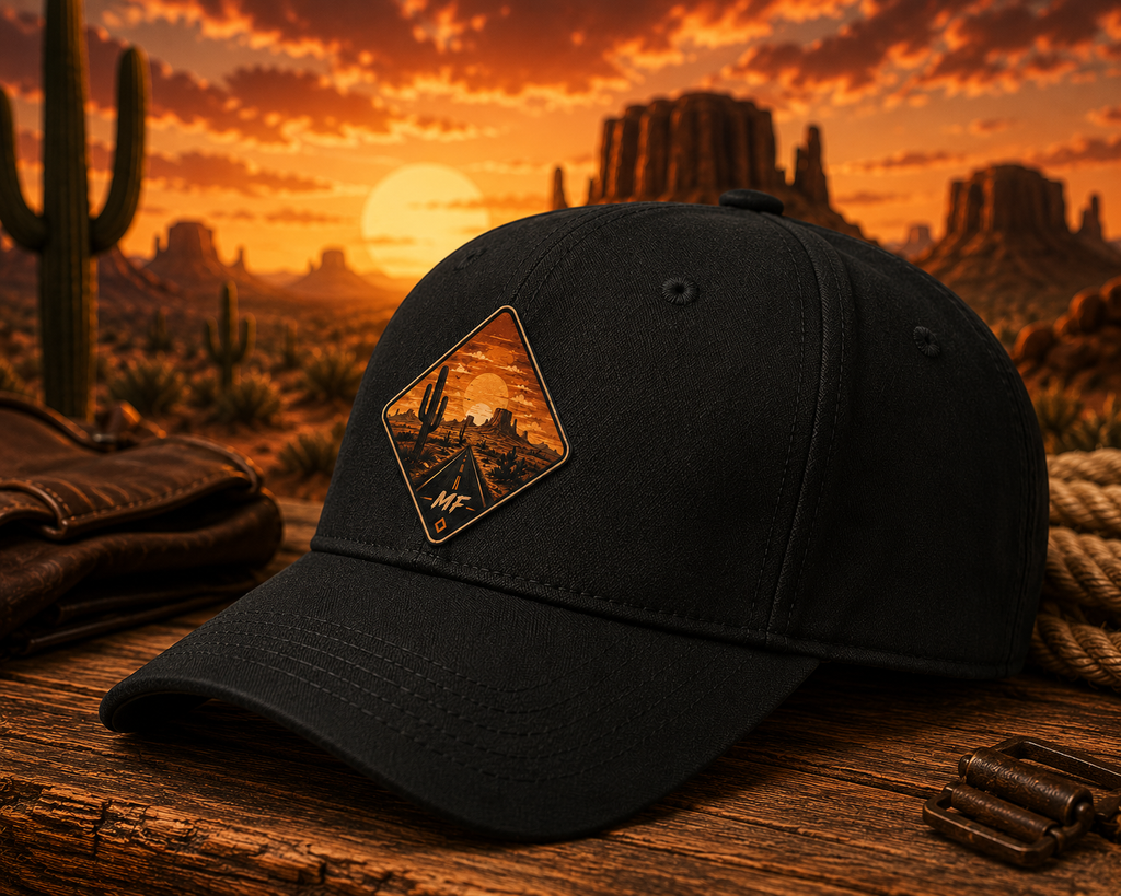 Mountain Sunset Patch Hat | Desert Landscape Cap, Outdoor Adventure Baseball Cap, Western Road Trip