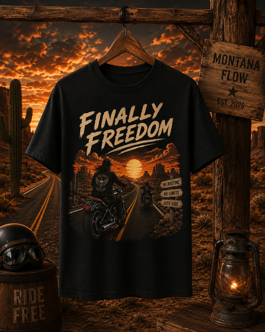 T-shirt de moto Finally Freedom | T-shirt graphique de motard au coucher du soleil | T-shirt de road trip Ride Free