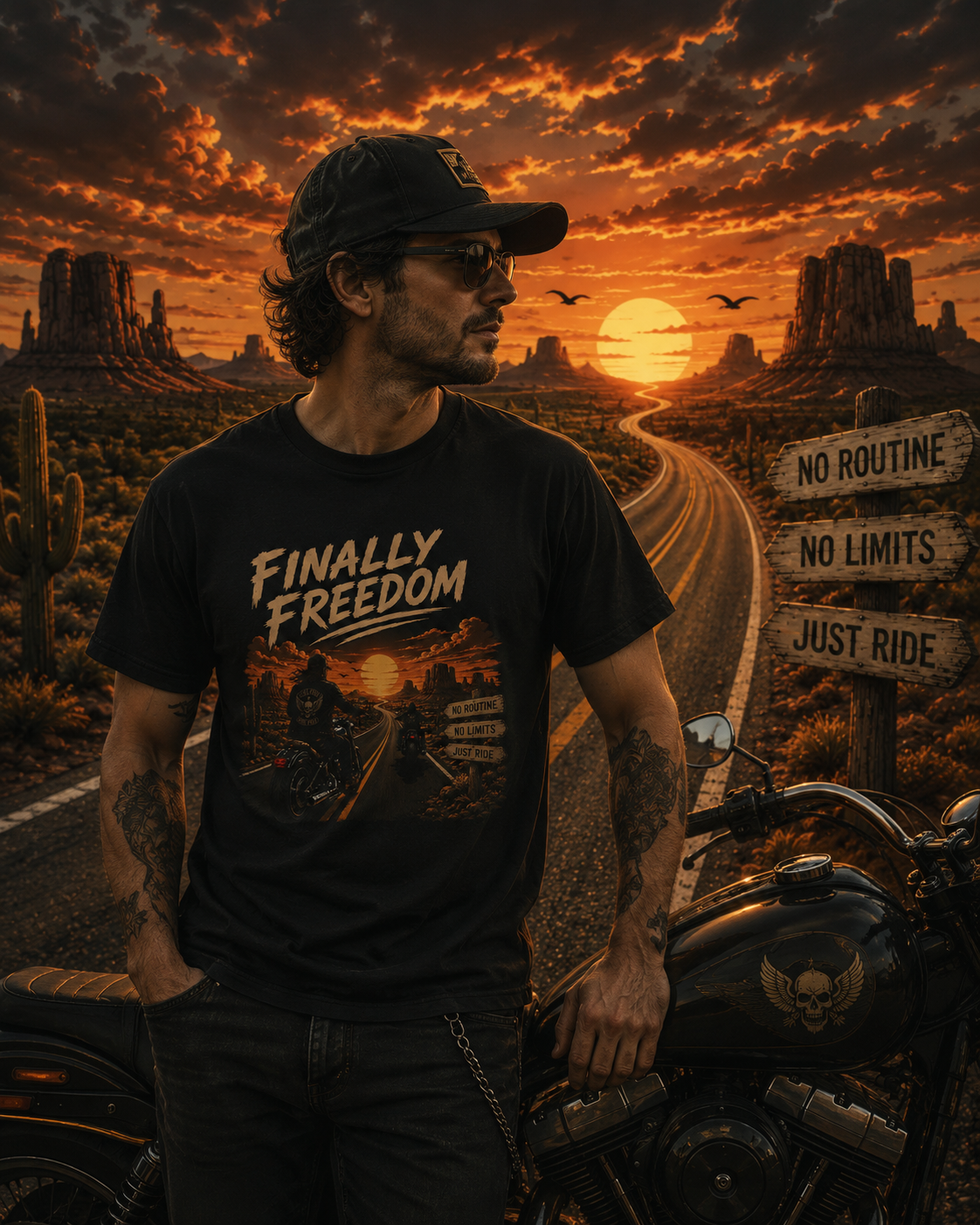 T-shirt de moto Finally Freedom | T-shirt graphique de motard au coucher du soleil | T-shirt de road trip Ride Free