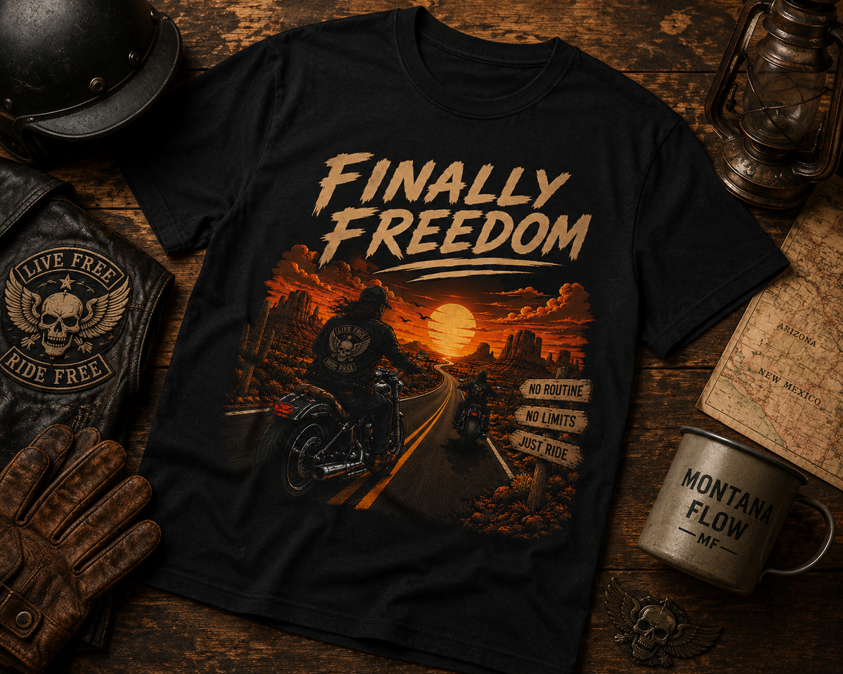 T-shirt de moto Finally Freedom | T-shirt graphique de motard au coucher du soleil | T-shirt de road trip Ride Free