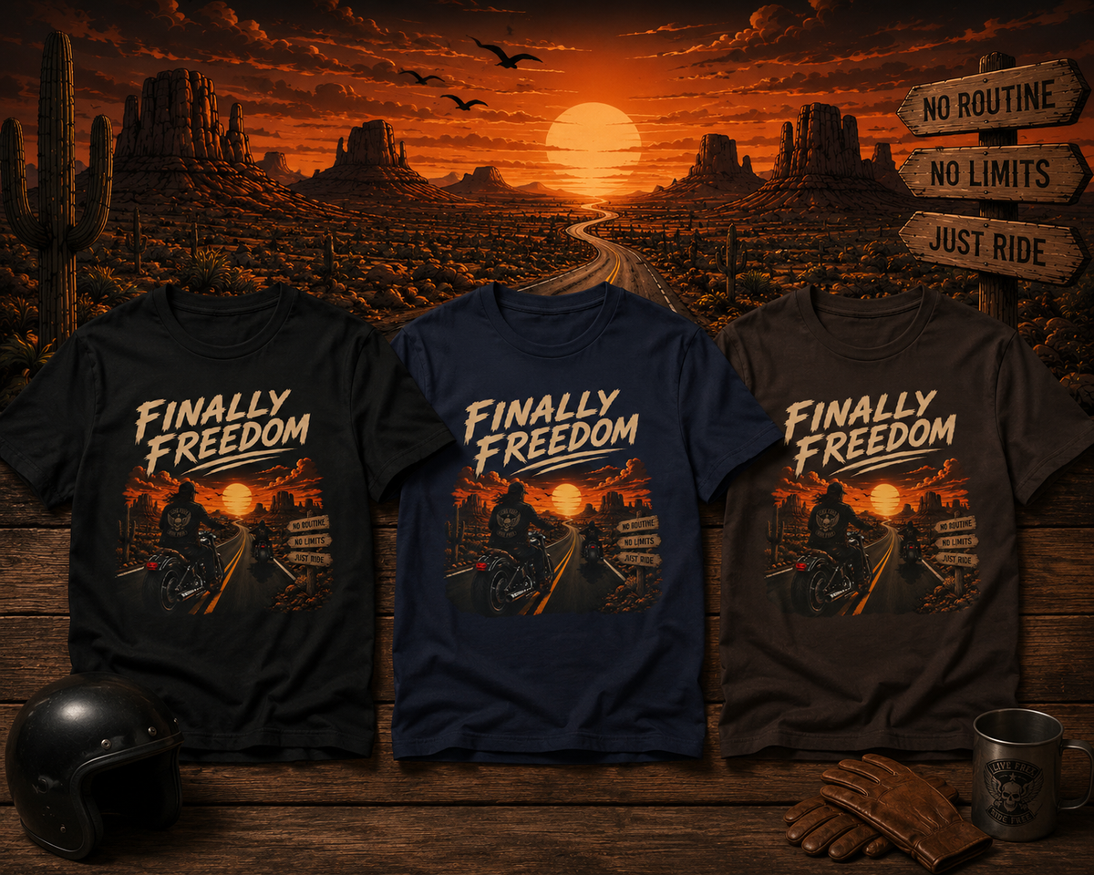 T-shirt de moto Finally Freedom | T-shirt graphique de motard au coucher du soleil | T-shirt de road trip Ride Free