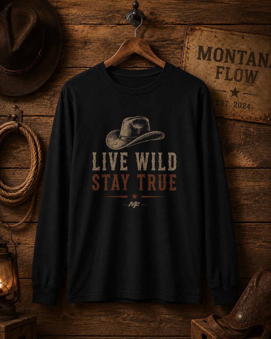 Live Wild Stay True Cowboy Hat Long Sleeve T-Shirt | Western Vintage Graphic Tee