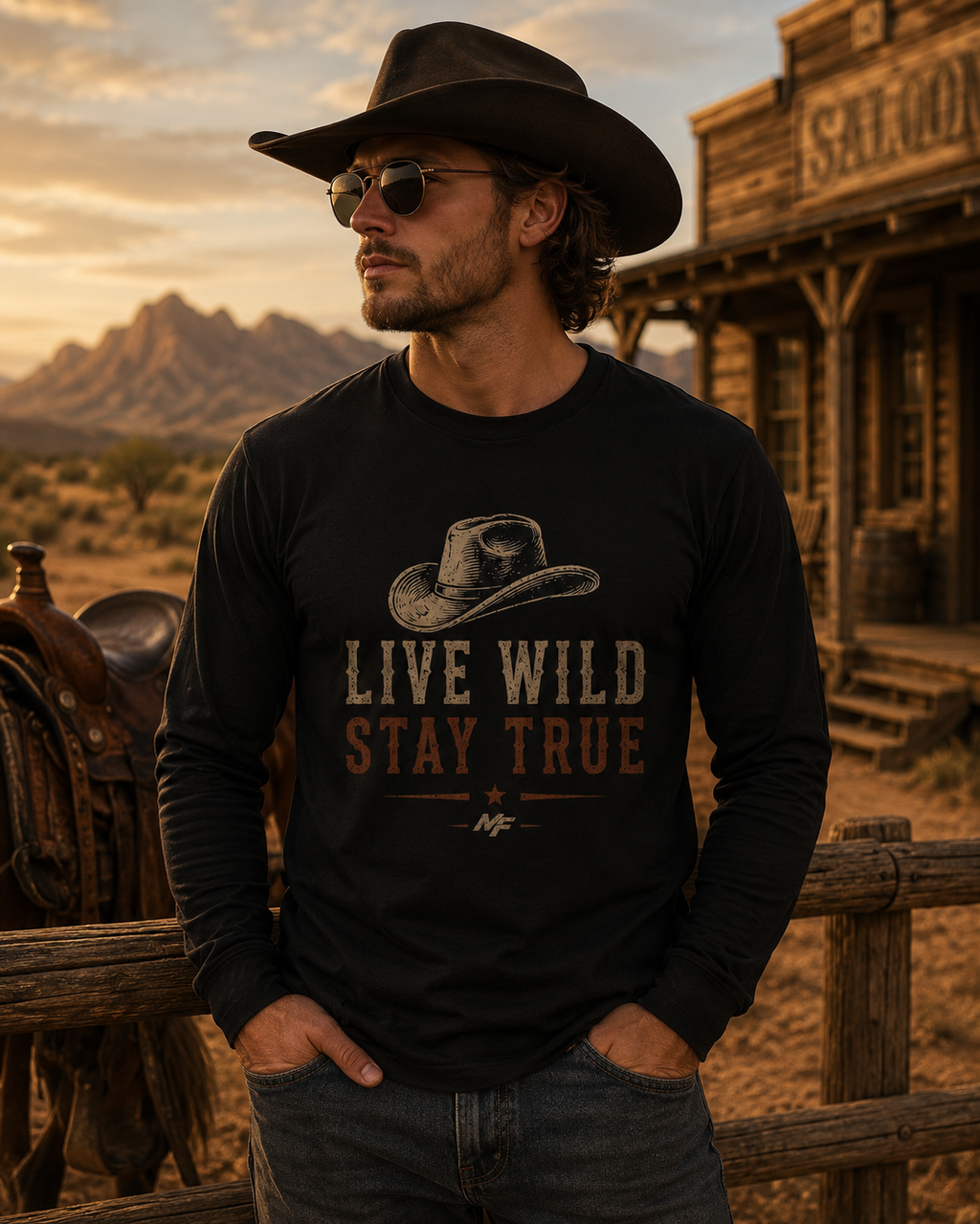 Live Wild Stay True Cowboy Hat Long Sleeve T-Shirt | Western Vintage Graphic Tee
