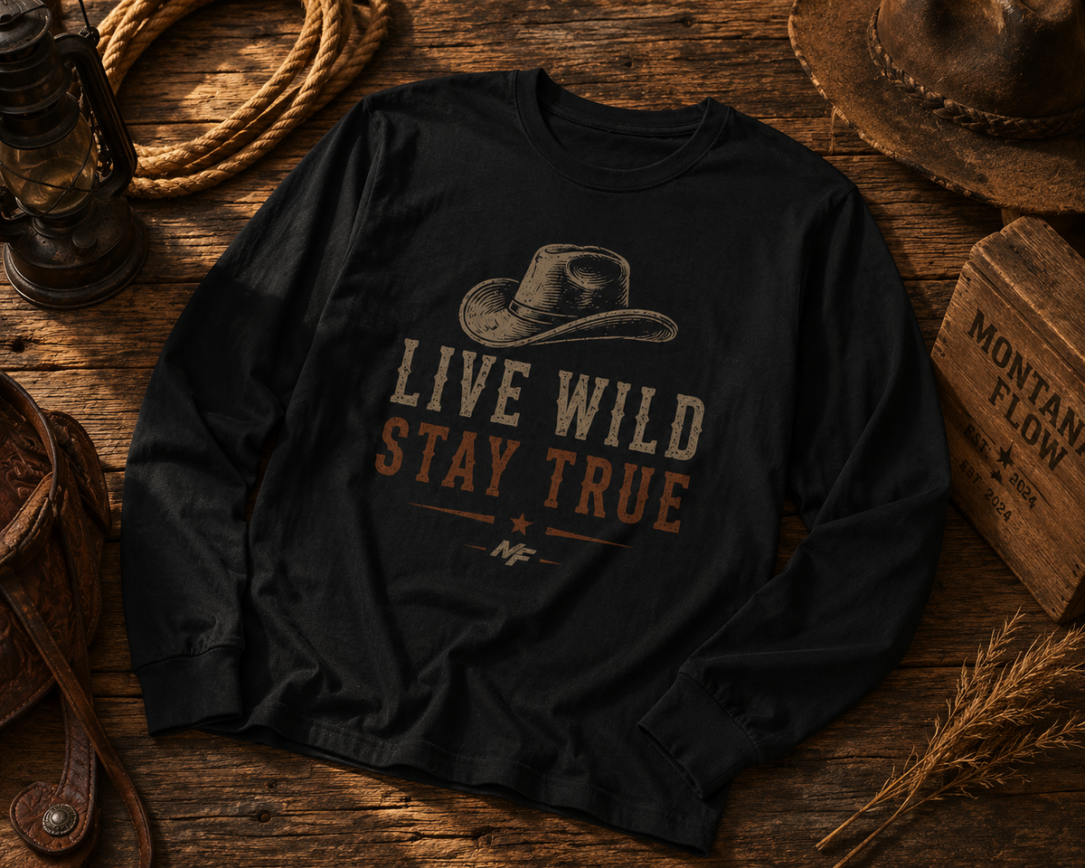 Live Wild Stay True Cowboy Hat Long Sleeve T-Shirt | Western Vintage Graphic Tee
