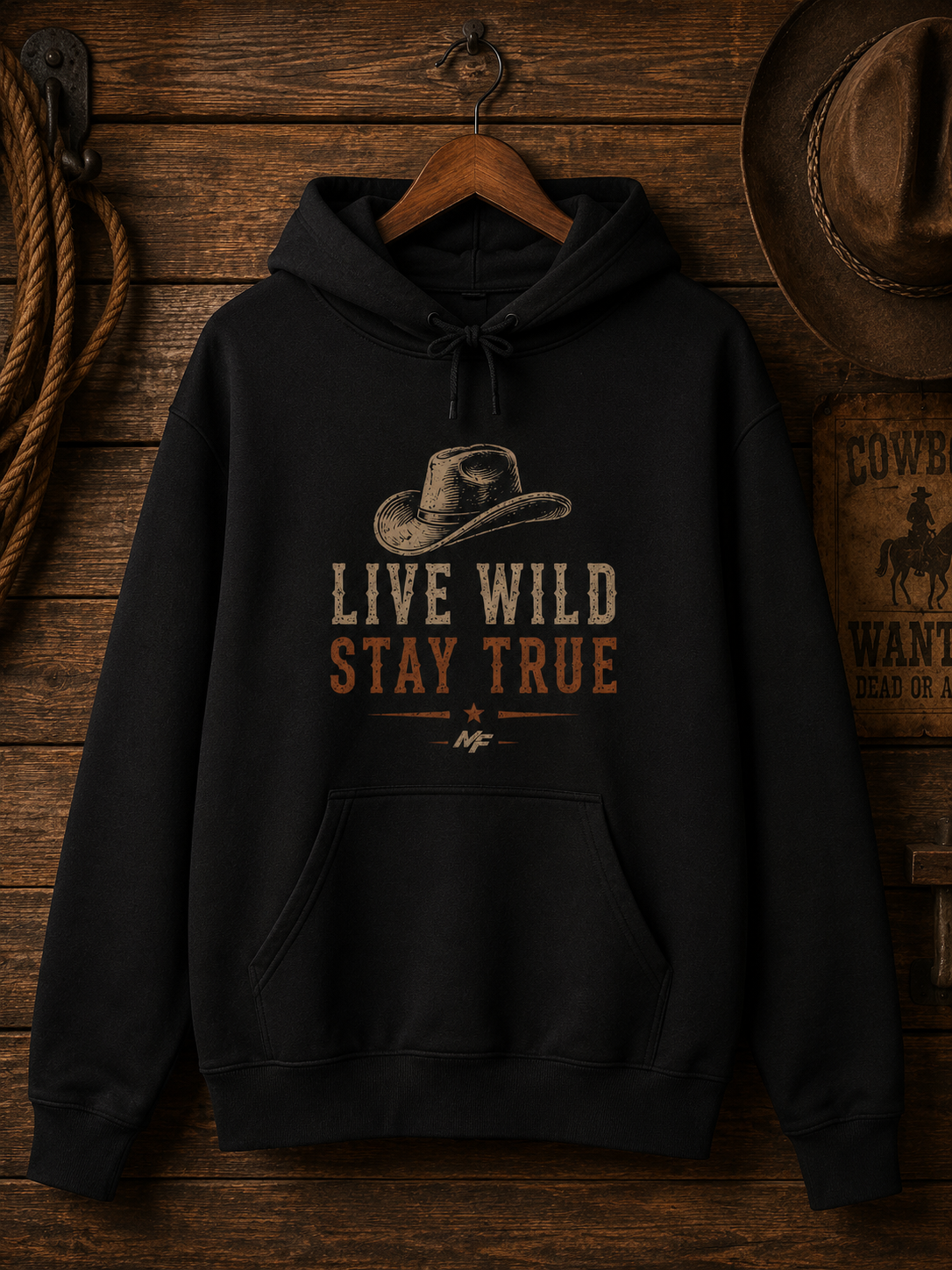 Live Wild Stay True Cowboy Hat Hoodie | Western Vintage Graphic Sweatshirt