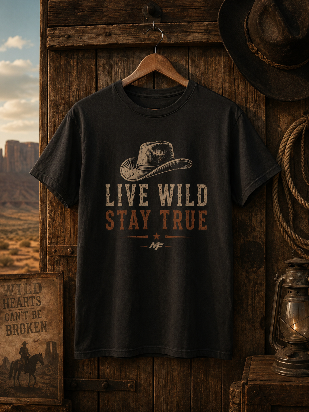 T-shirt chapeau de cowboy Live Wild Stay True | T-shirt graphique western | T-shirt country rustique