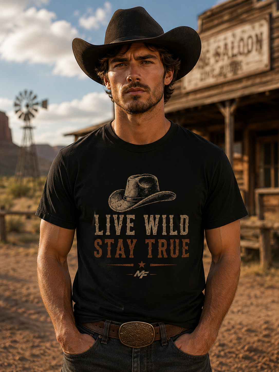 T-shirt chapeau de cowboy Live Wild Stay True | T-shirt graphique western | T-shirt country rustique