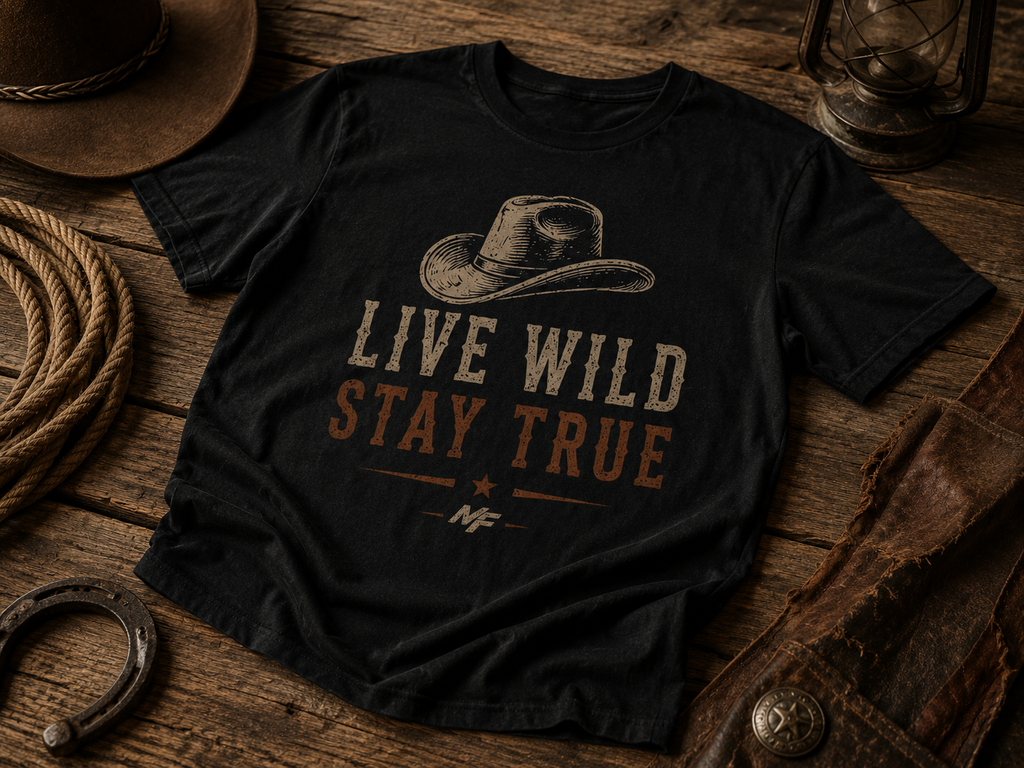 T-shirt chapeau de cowboy Live Wild Stay True | T-shirt graphique western | T-shirt country rustique