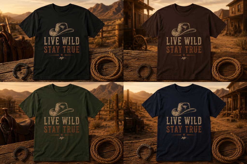 T-shirt chapeau de cowboy Live Wild Stay True | T-shirt graphique western | T-shirt country rustique