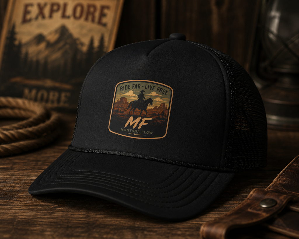 Ride Far Live Free Cowboy Patch Foam Trucker Hat | Western Rodeo Mesh Cap
