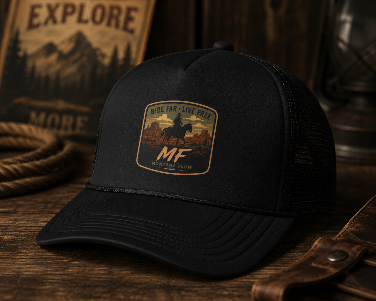 Ride Far Live Free Cowboy Patch Foam Trucker Hat | Western Rodeo Mesh Cap