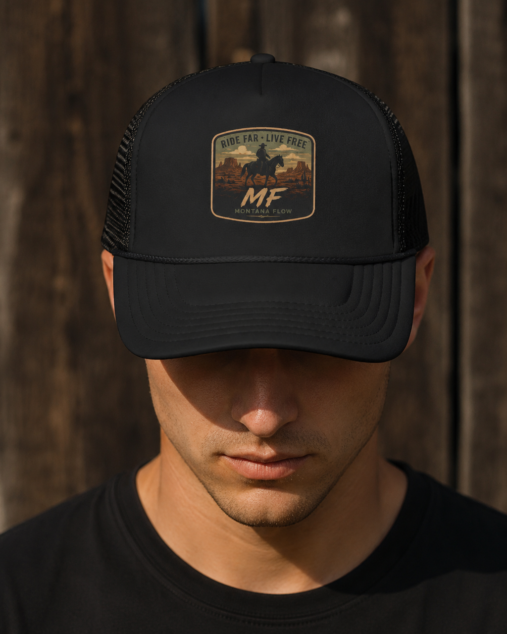 Ride Far Live Free Cowboy Patch Foam Trucker Hat | Western Rodeo Mesh Cap