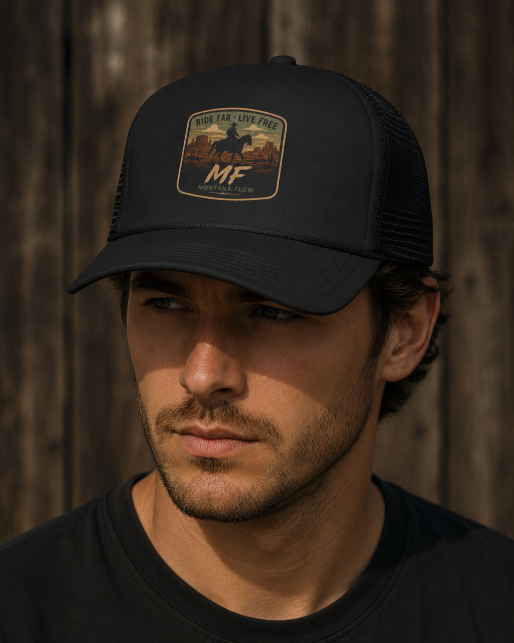 Ride Far Live Free Cowboy Patch Foam Trucker Hat | Western Rodeo Mesh Cap