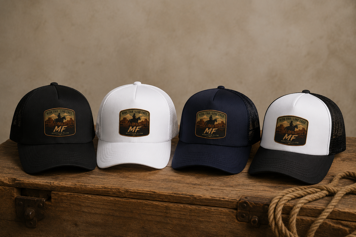 Ride Far Live Free Cowboy Patch Foam Trucker Hat | Western Rodeo Mesh Cap