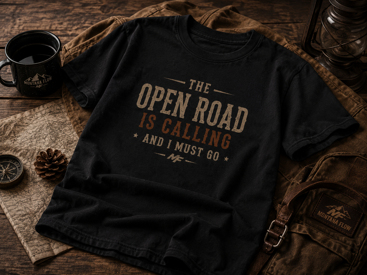 T-shirt « The Open Road Is Calling » | Haut pour voyage et road trip, t-shirt d'aventure et de camping
