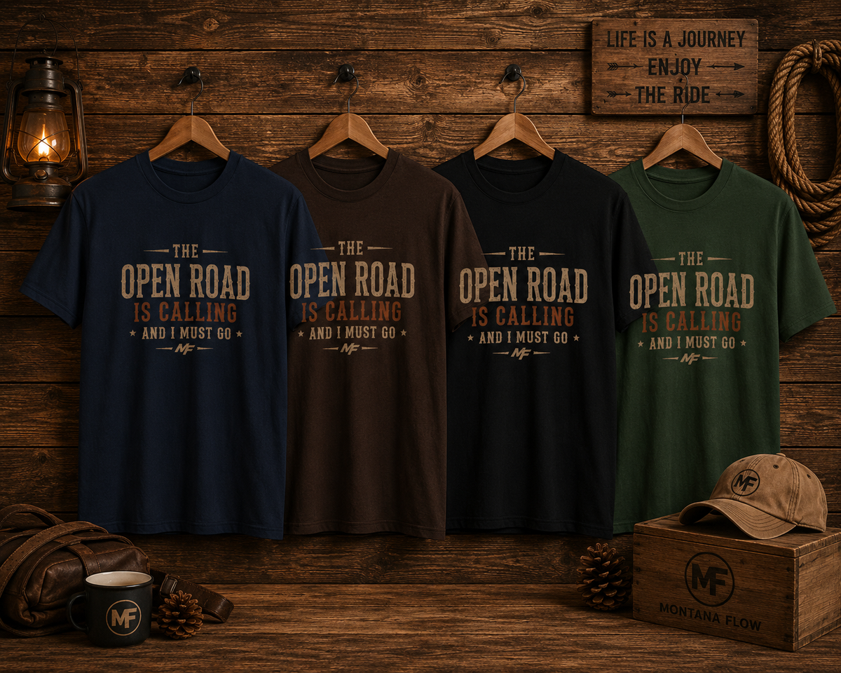 T-shirt « The Open Road Is Calling » | Haut pour voyage et road trip, t-shirt d'aventure et de camping