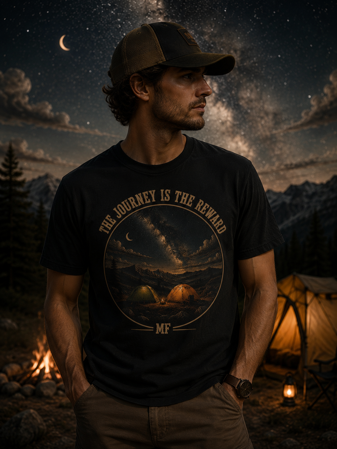 T-shirt de camping « Le voyage est la récompense » | T-shirt graphique montagne et ciel nocturne | Haut de randonnée aventure