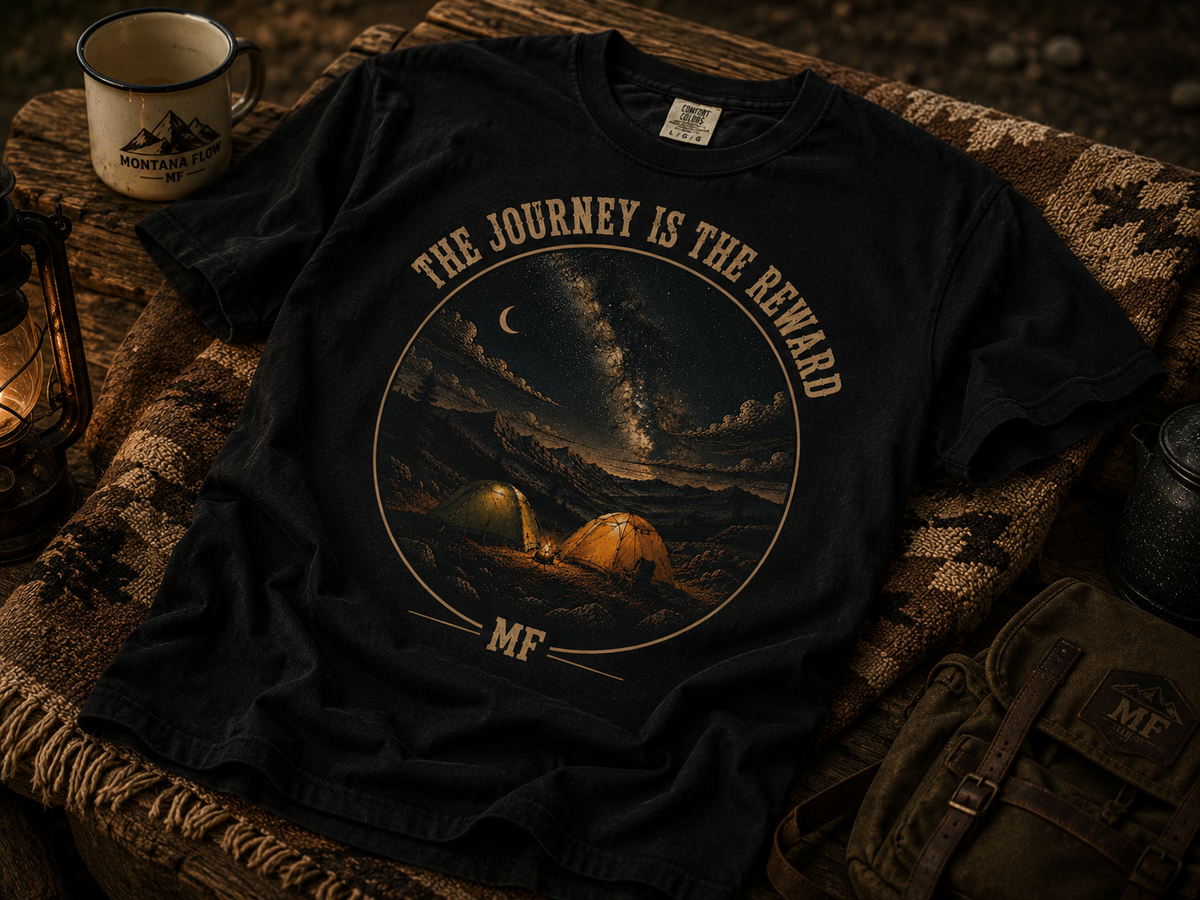 T-shirt de camping « Le voyage est la récompense » | T-shirt graphique montagne et ciel nocturne | Haut de randonnée aventure