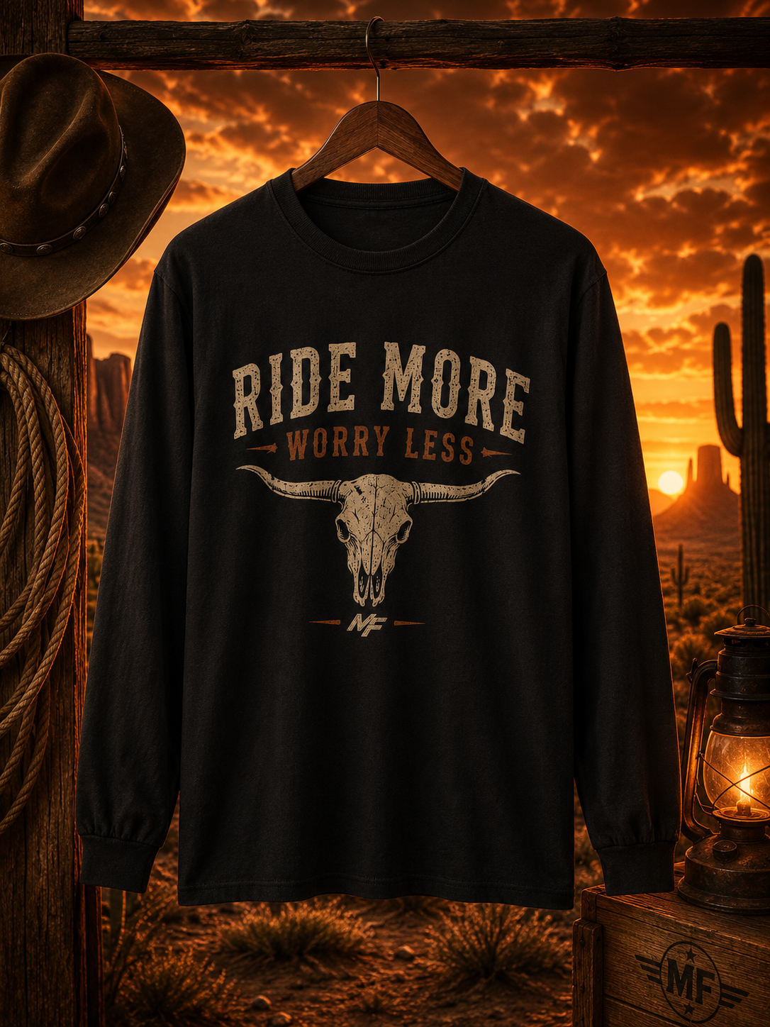 Ride More Worry Less Long Sleeve Shirt | Western Bull Skull Graphic Tee | Cowboy Country Shirt