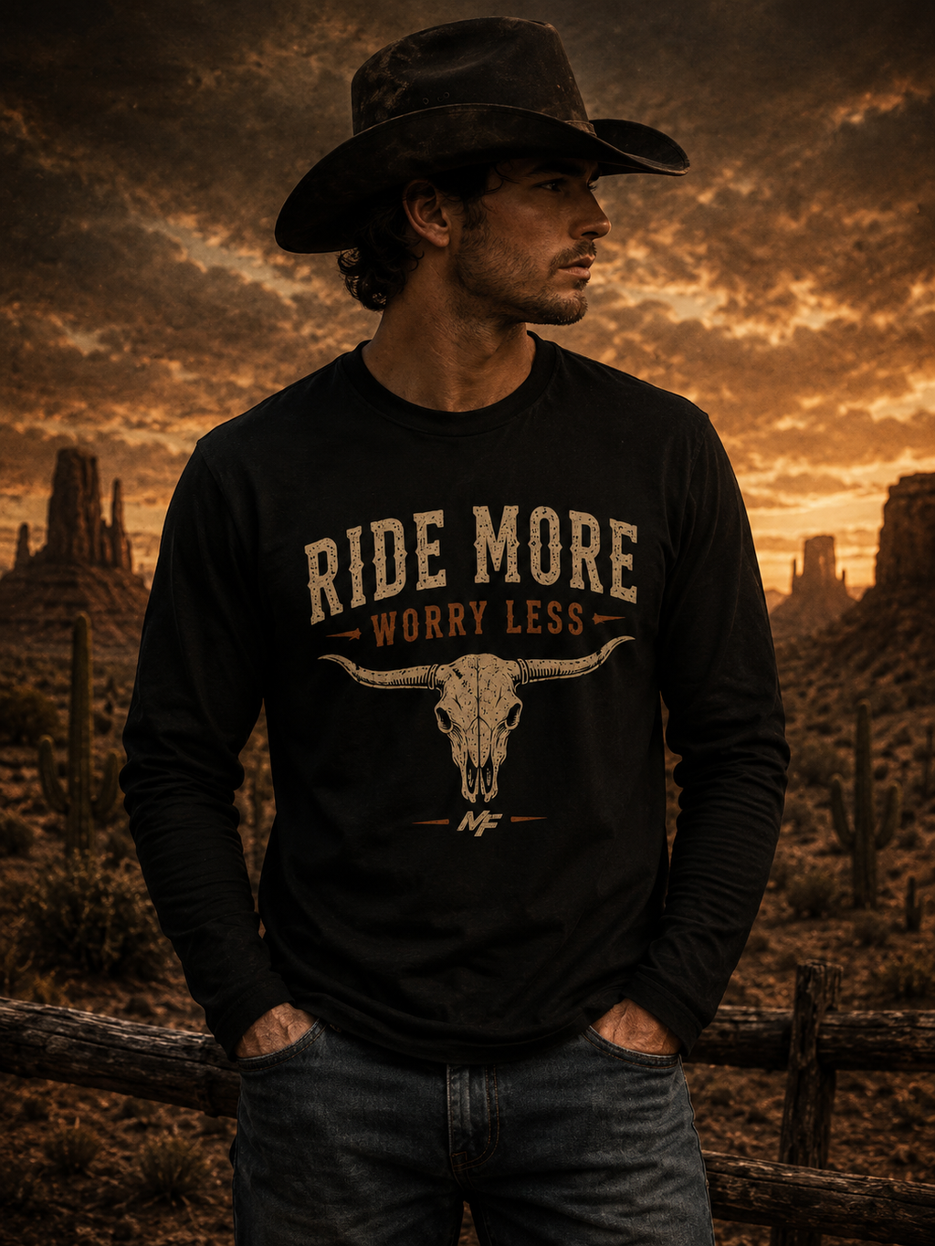 Ride More Worry Less Long Sleeve Shirt | Western Bull Skull Graphic Tee | Cowboy Country Shirt